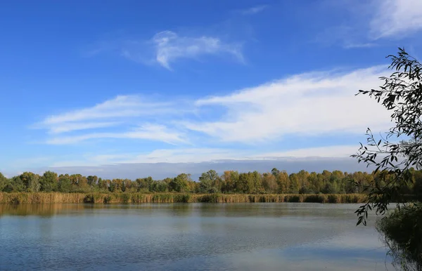 Göl Yüzeyinde Mavi Gökyüzü Bulutlu Sonbahar Manzarası — Stok fotoğraf