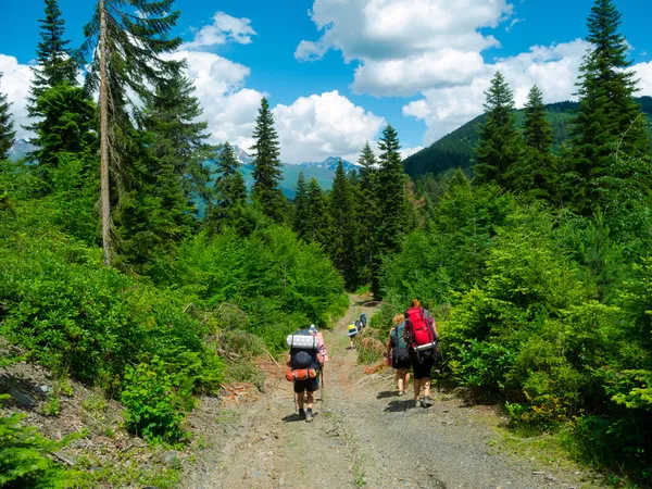 Jóvenes excursionistas trekking en Svaneti —  Fotos de Stock