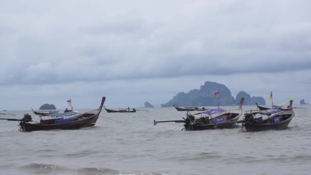 Long tail boats at Ao Nang Beach in Krabi, Thailand — Stock Video