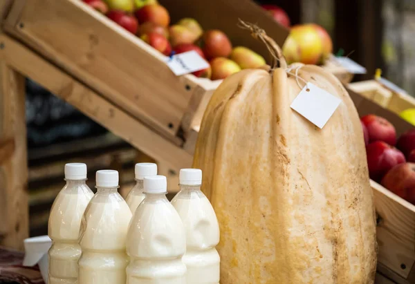 Milk and pumpkin near boxes with apples — Stock Photo, Image