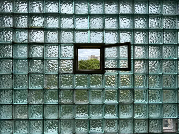 Glass block wall with window — Stock Photo, Image