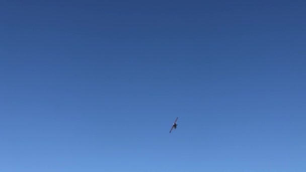 Flugzeug fliegt in wolkenlosem blauen Himmel — Stockvideo
