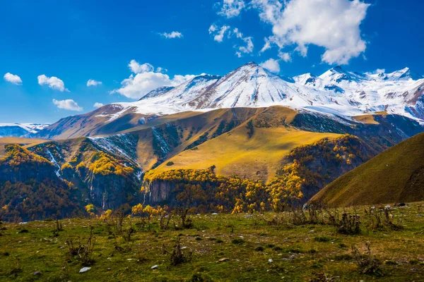 Malerischer Blick Auf Felsigen Hang Mit Herbstbäumen Und Schneebedeckten Gipfeln — Stockfoto