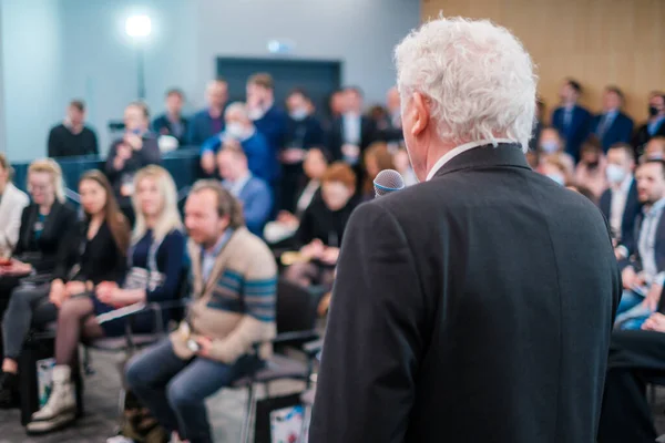 Back View Anonymous Senior Businessman Black Suit Speaking Audience While Imagen De Stock