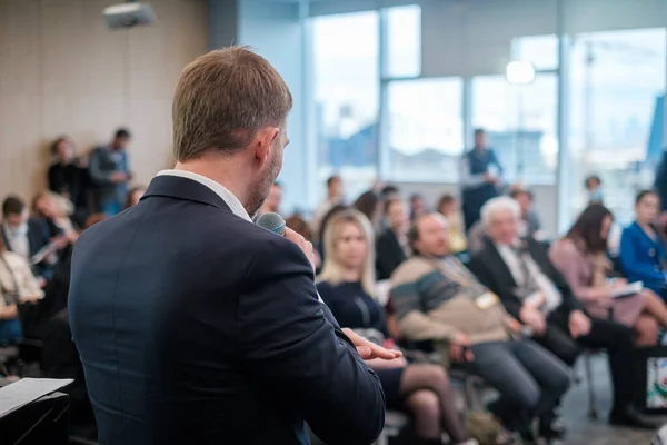 Back View Anonymous Businessman Black Suit Speaking Audience While Standing Stock Image