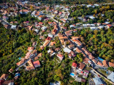Gürcistan 'ın Sighnaghi şehrinde sonbahar günü yemyeşil ağaçların arasında bulunan kırmızı çatılı evlerin insansız hava aracı görüntüsünden.