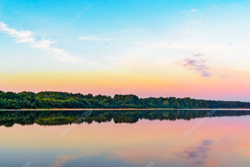 calm vyatka river at dawn on a summer morning