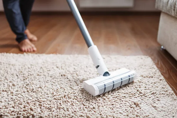 A vacuum cleaner brush cleans a fleecy carpet, top view