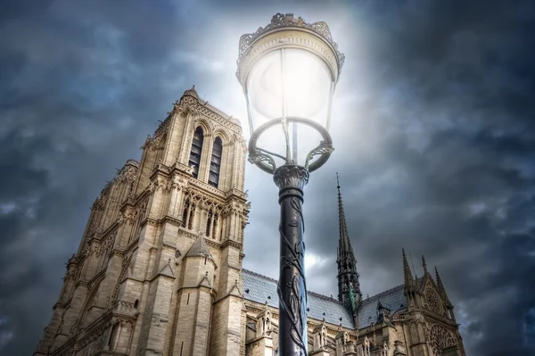 Luz de rua no fundo da Catedral de Notre Dame. P Fotos De Bancos De Imagens Sem Royalties