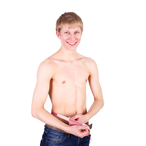 Boy measuring waist — Stock Photo, Image