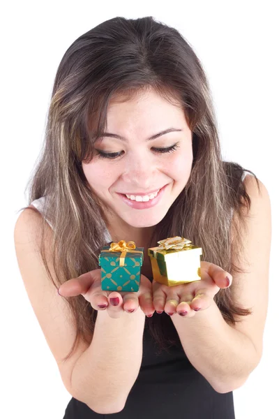 Menina com dois pequenos presentes — Fotografia de Stock