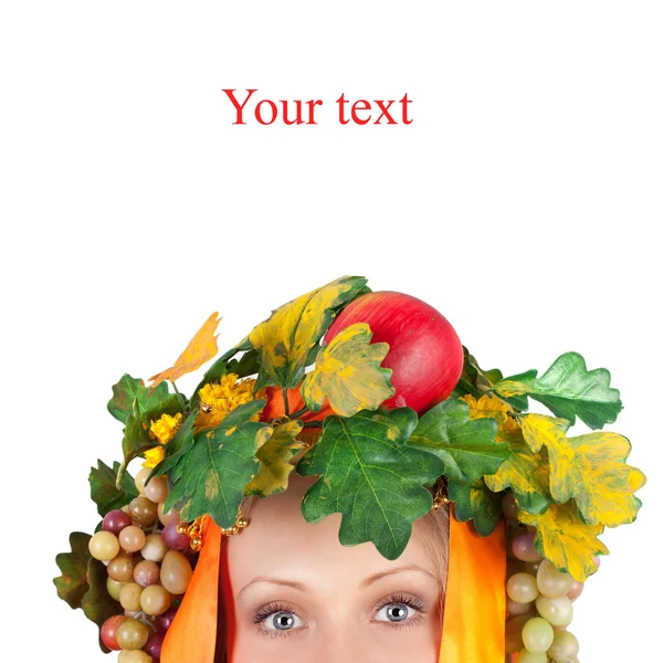 Girl in the season fruit garland — Stock Photo, Image