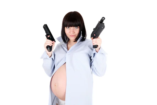 Donna incinta con la pistola — Foto Stock