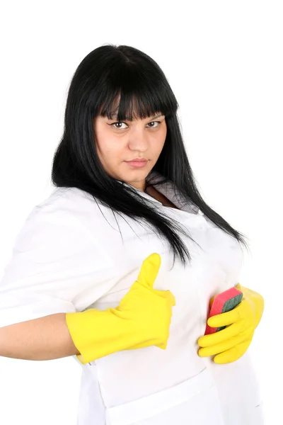 Flickan i de vita uniform och gula gummihandskar — Stockfoto