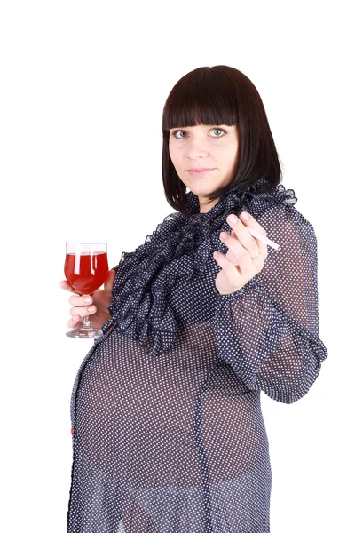 Pregnant woman with the wine and cigarette — Stock Photo, Image