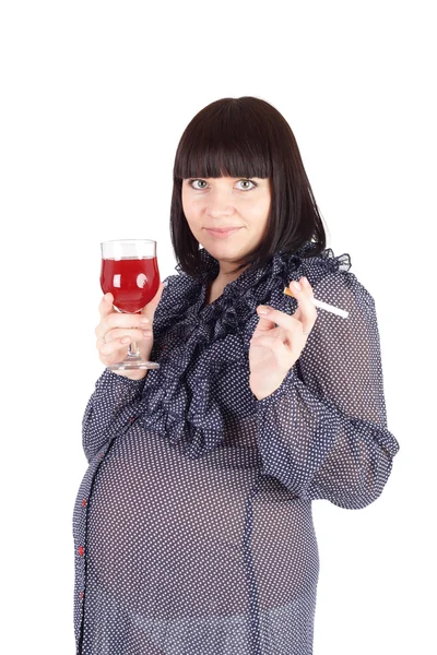 Pregnant woman with the wine and cigarette — Stock Photo, Image