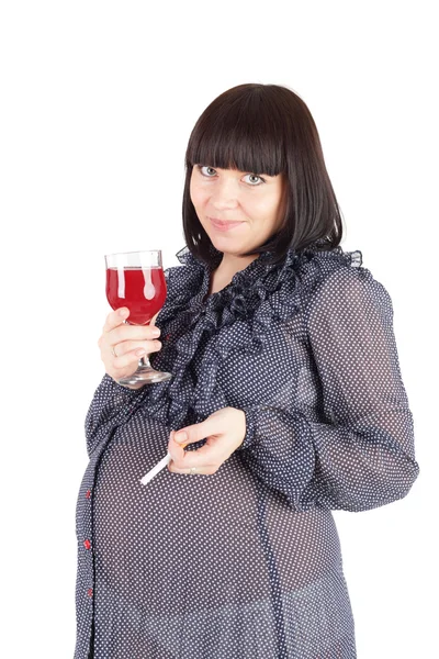 Pregnant woman with the wine and cigarette — Stock Photo, Image