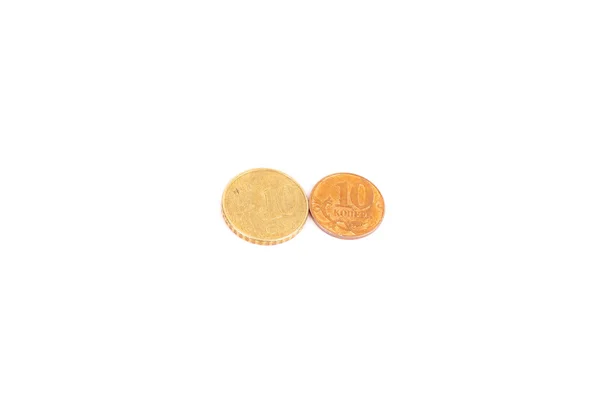 10 euro cent and 10 copecks coins — Stock Photo, Image