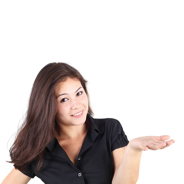 Businesswoman holding out empty hand — Stock Photo, Image