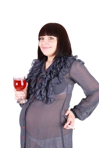 Gravid kvinna med vin och cigarett — Stockfoto