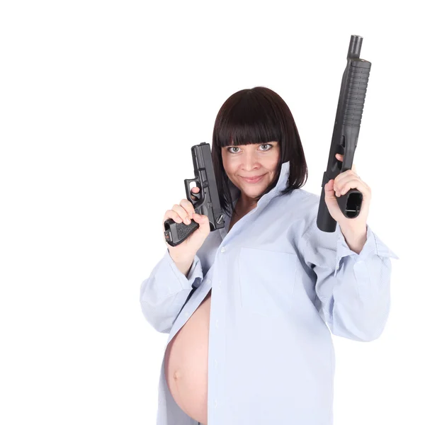 Donna incinta con la pistola — Foto Stock