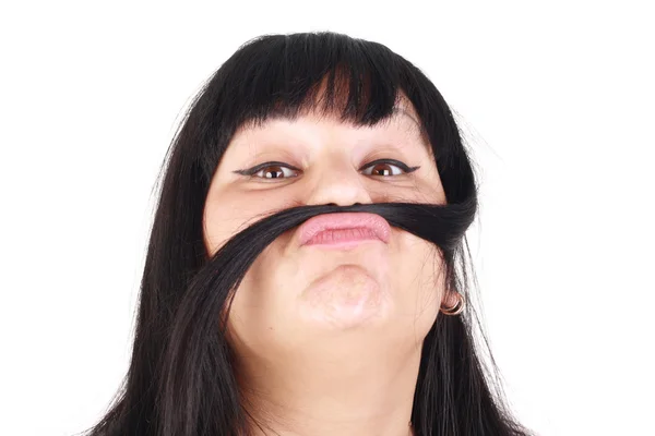 Mulher fazendo bigode com o cabelo — Fotografia de Stock
