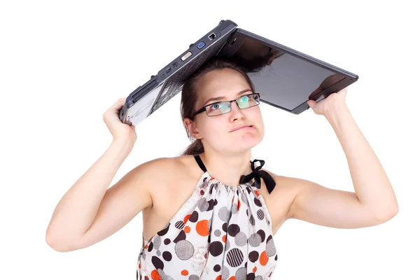 Meisje met de laptop aan de kant — Stockfoto