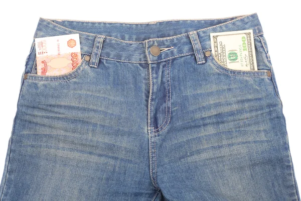 Dinheiro e jeans — Fotografia de Stock