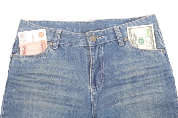 Dinheiro e jeans — Fotografia de Stock