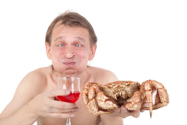 Mann mit Krabbe und einem Glas Wein — Stockfoto