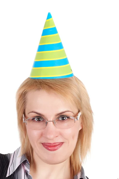 Frau mit Geburtstagskappe — Stockfoto