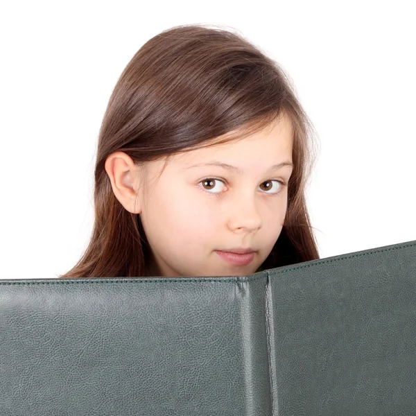 Little girl with big green album — Stock Photo, Image