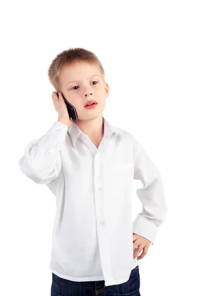 Menino e telefone — Fotografia de Stock