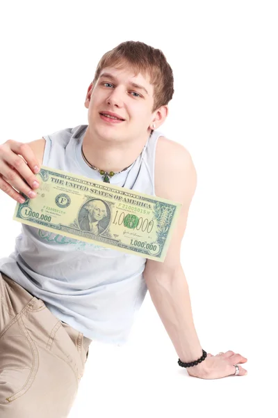 Man with the million dollars banknote — Stock Photo, Image