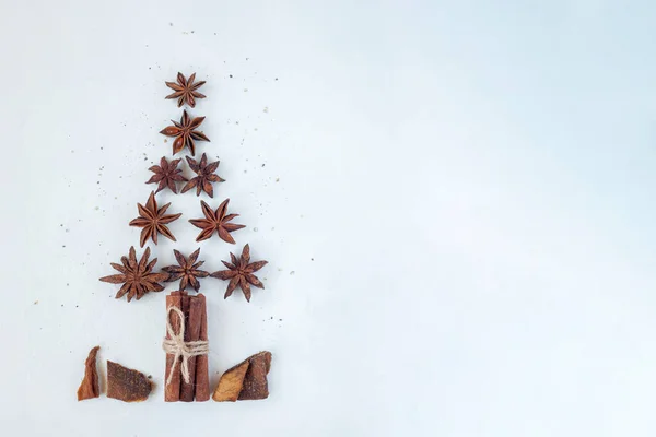 Nový Rok Strom Anýzu Hvězd Skořice Tyčinky Bílé Pozadí Horní — Stock fotografie