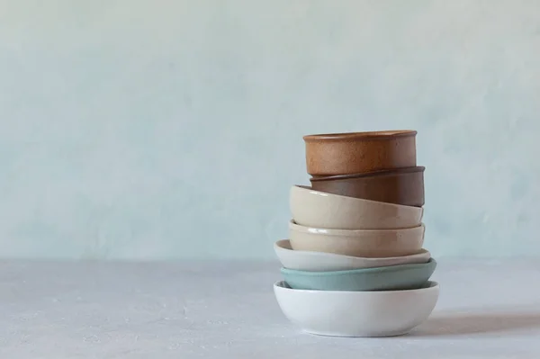 Stack Ceramic Sandstone Bowls Natural Colors Copy Space — Stock Photo, Image