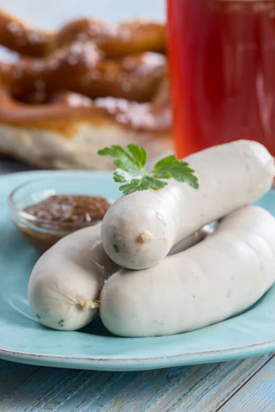 Salsichas Brancas Bávaras Com Pretzel — Fotografia de Stock