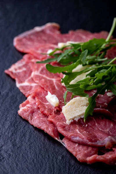 Fresh Carpaccio Rucola Slate — Stock Photo, Image