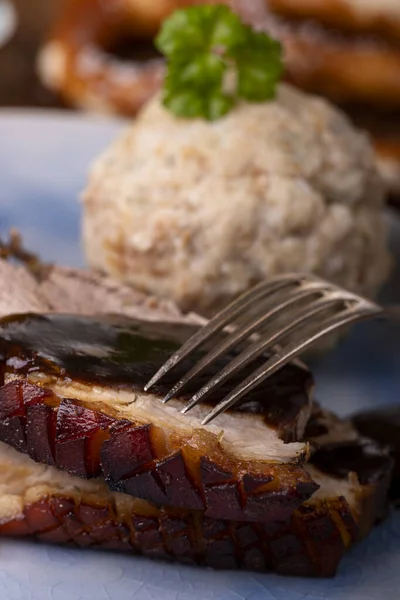 Portion Fresh Roasted Pork Blue Plate — Stock Photo, Image