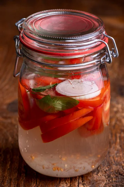 Fermenting Tomatoes Jar Wood — Stockfoto