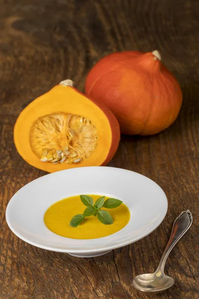 Closeup Pumpkin Soup Wood — Stock Photo, Image