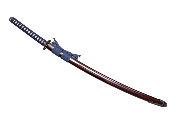 Japanese Sword Navy Blue Cord Steel Fitting Shiny Crimson Red — Stock Fotó