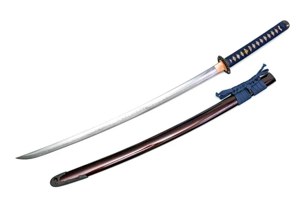 Japanese Sword Navy Blue Cord Steel Fitting Shiny Crimson Red — Stock Photo, Image