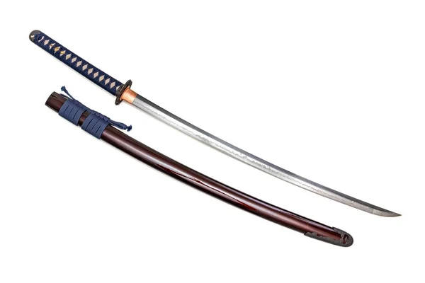 Japanese Sword Navy Blue Cord Steel Fitting Shiny Crimson Red — ストック写真