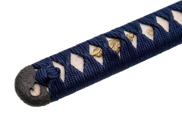 Close Tsuka Empuñadura Espada Japonesa Envuelta Cordón Seda Azul Marino — Foto de Stock
