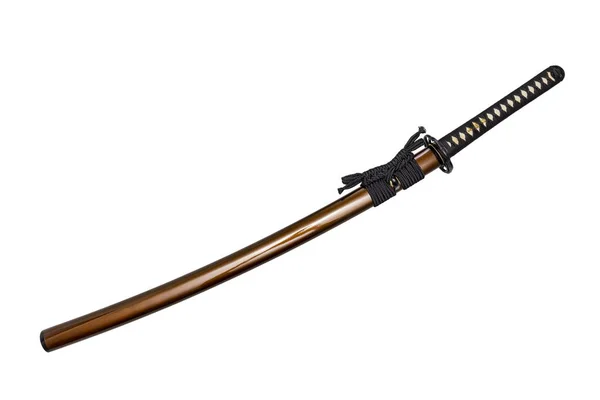 Espada Japonesa Com Corda Preta Encaixe Aço Bainha Ouro Marrom — Fotografia de Stock