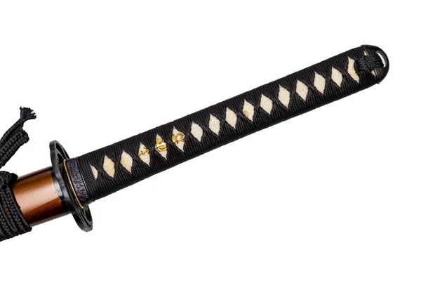 白い肌に黒い絹の紐で包まれた日本刀の柄のこと 選択的焦点 — ストック写真