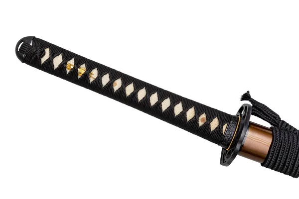 Tsuka Poignée Épée Japonaise Enveloppée Cordon Soie Noir Sur Une — Photo