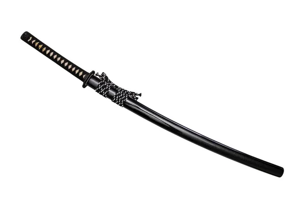 白を基調とした光沢のある黒色の鞘が付いた日本刀の金具と黒絹の紐 選択的焦点 — ストック写真