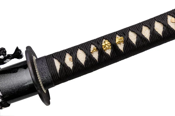 Close Shot Tsuka Handle Japanese Sword Wrapped Black Silk Cord — Stock Photo, Image